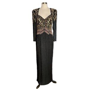 Vintage 80s Fully Beaded Black Evening Gown M Sequin Long Dress Art Deco